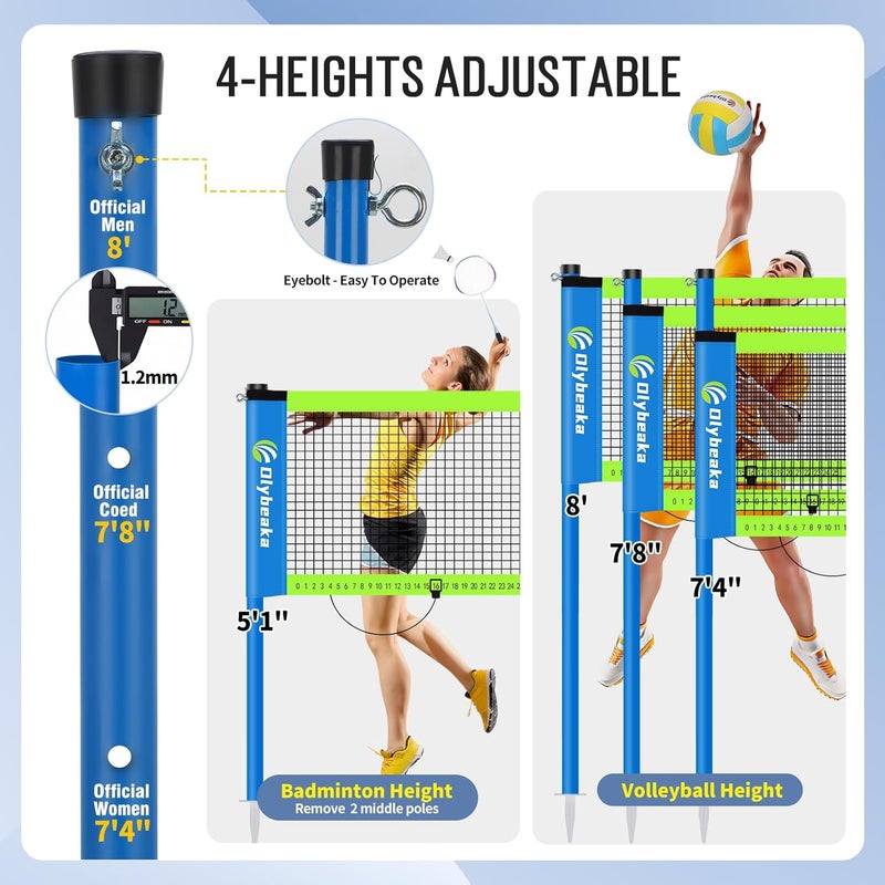Olybeaka Outdoor Volleyball & Badminton Combo Net Set for Backyard, Beach with 2 Nets, Adjustable Poles, 4 Aluminum Rackets, PU Volleyball, Portable Carry Bag - Image 3
